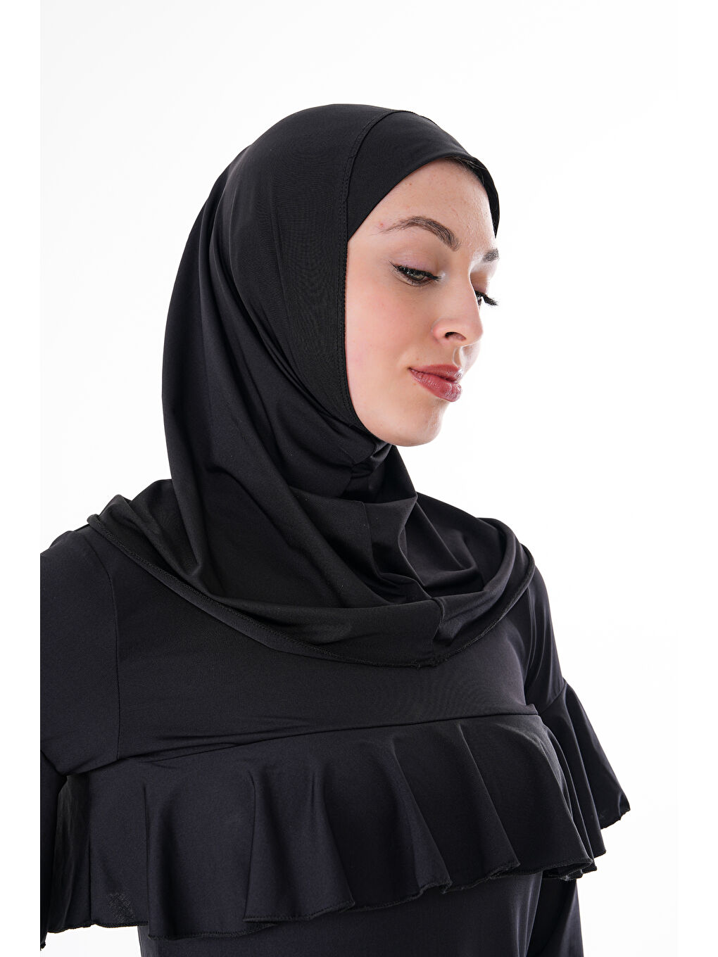 Siyah Esnek Kumaş Boynu Kapatan Eşarp Tesettür Mayo Bonesi SB549-2
