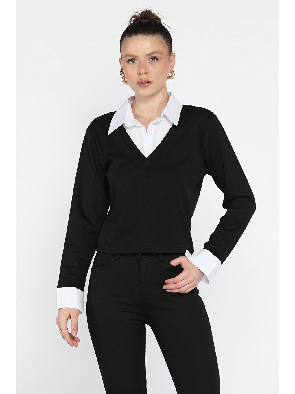 Siyah Kadın Gömlek Yaka Bluz