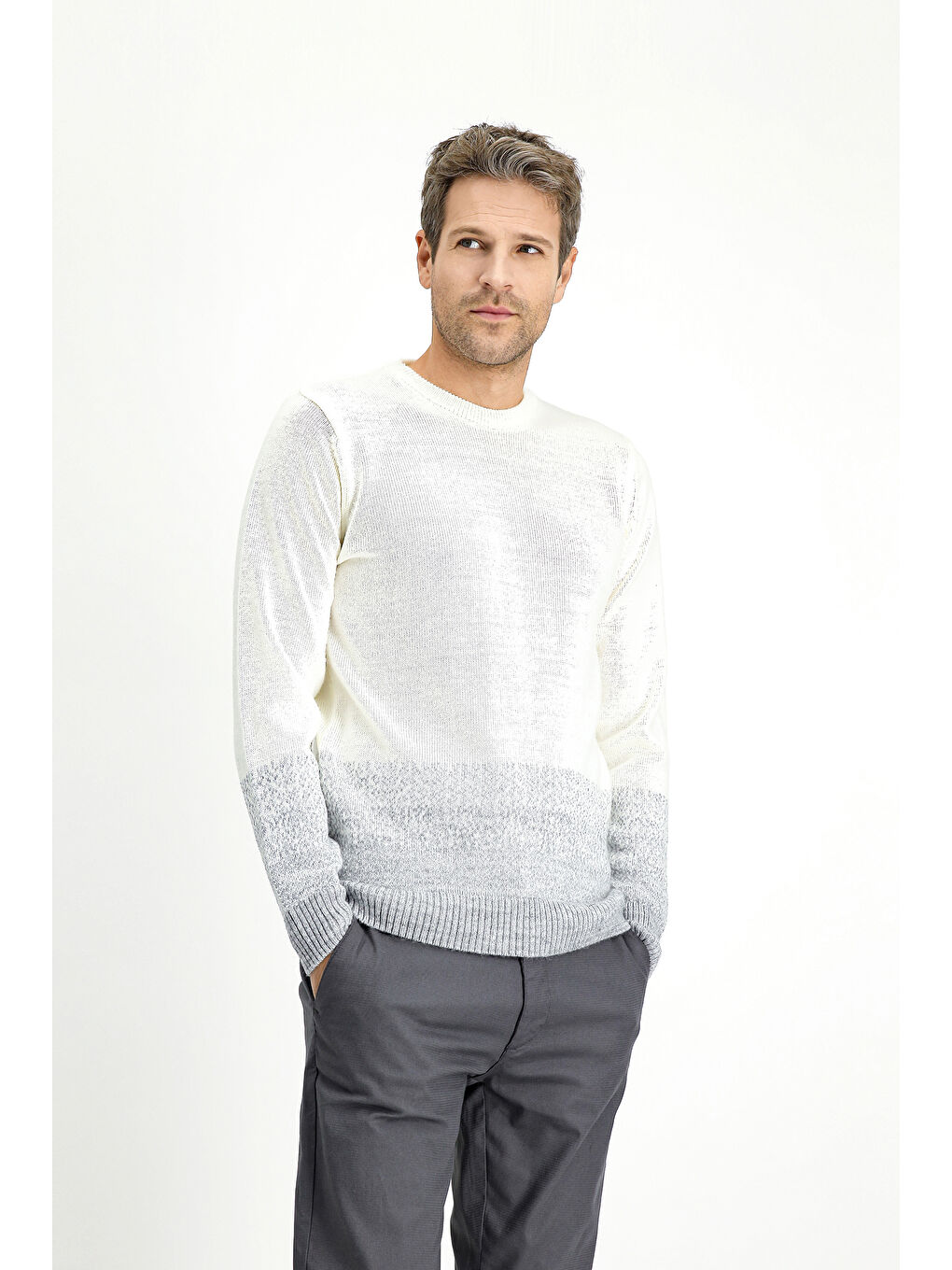 Ekru Bisiklet Yaka Regular Fit Desenli Triko Kazak