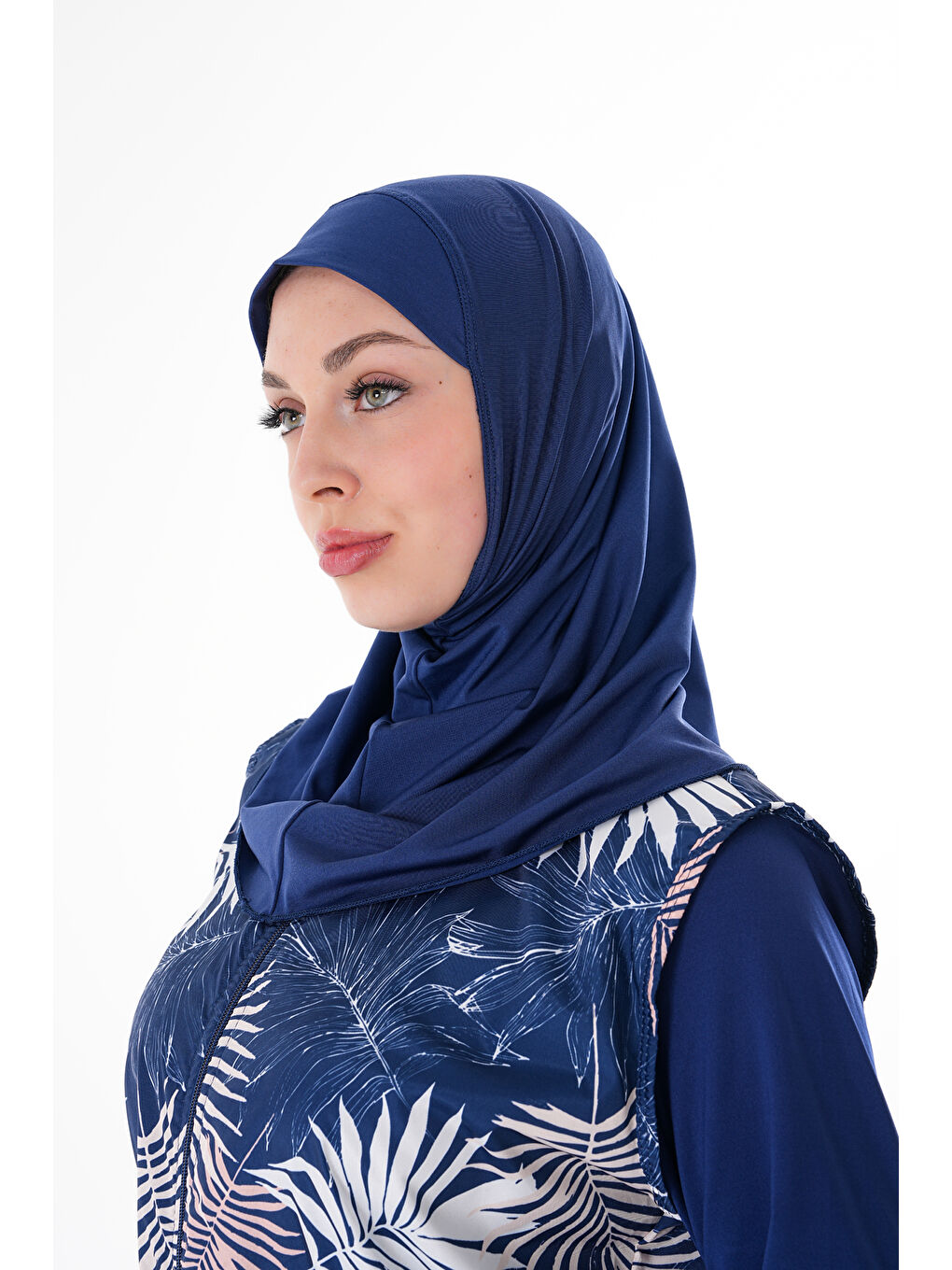 Lacivert Esnek Kumaş Boynu Kapatan Eşarp Tesettür Mayo Bonesi SB549-2
