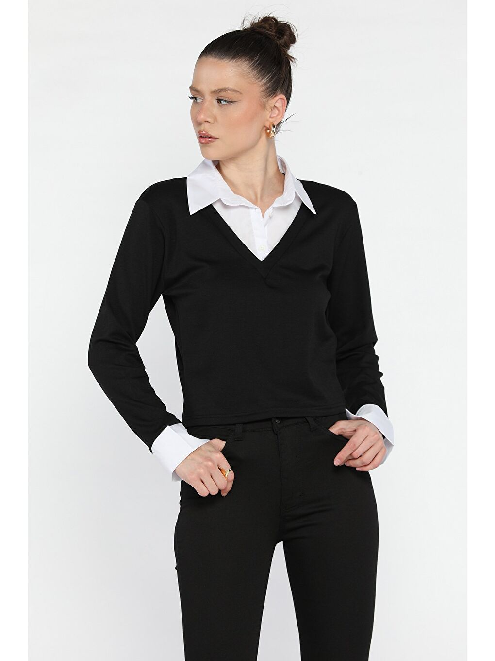 Siyah Kadın Gömlek Yaka Bluz-1