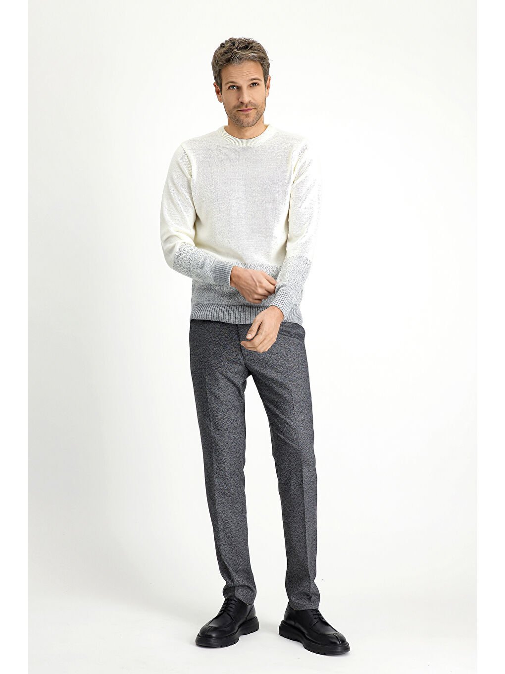 Ekru Bisiklet Yaka Regular Fit Desenli Triko Kazak-1