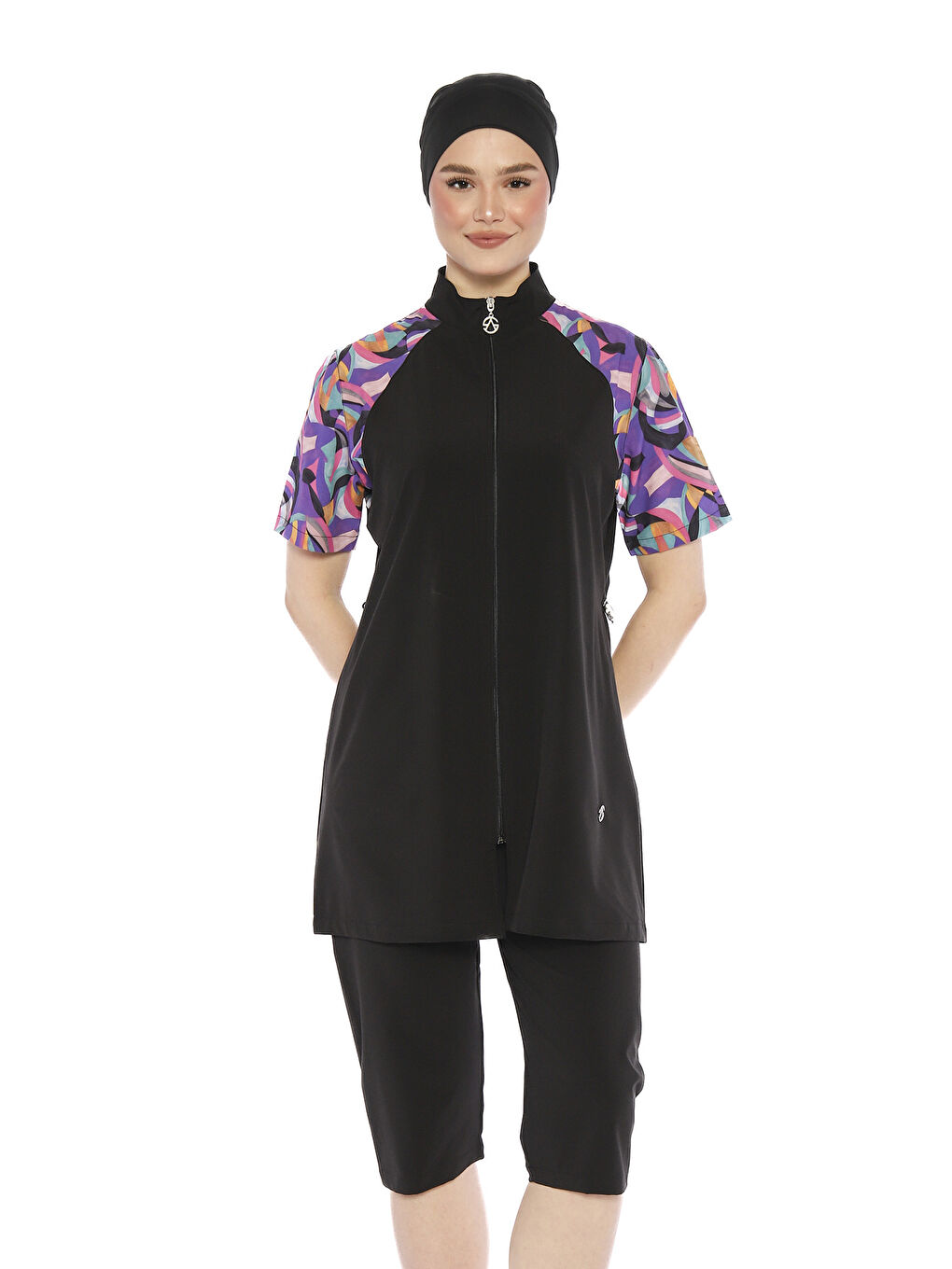 Kısa Kollu Spor Elastanlı Yarı Kapalı Mayo 6286 Siyah04-1