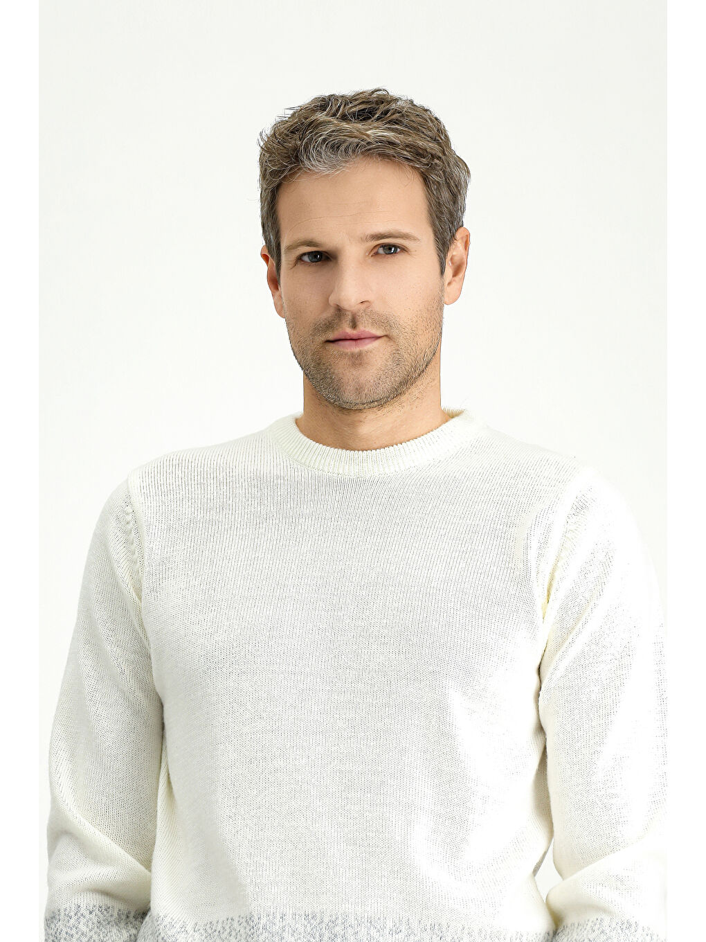 Ekru Bisiklet Yaka Regular Fit Desenli Triko Kazak-2