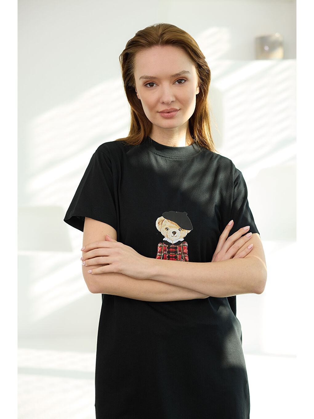 Kadın Ayıcık Baskılı Basic Kısa Kollu İçlik Siyah-1