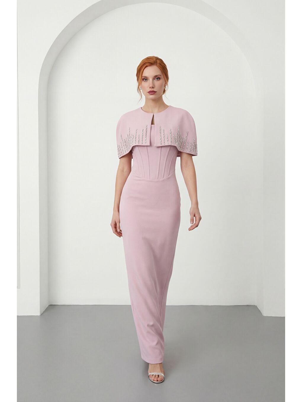 Pembe Kadın Pudra Dar Kalıp Ceketli Taşlı Uzun Söz Nişan Nikah Abiye Elbise