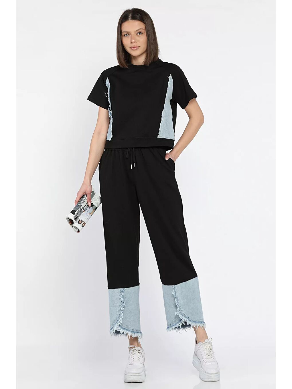 Siyah Kadın Jean Garnili Püsküllü Tişört Pantolon İkili Takım