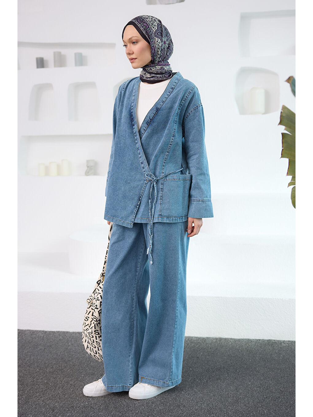 Kadın V Yaka Kimono Takım Buz Mavi