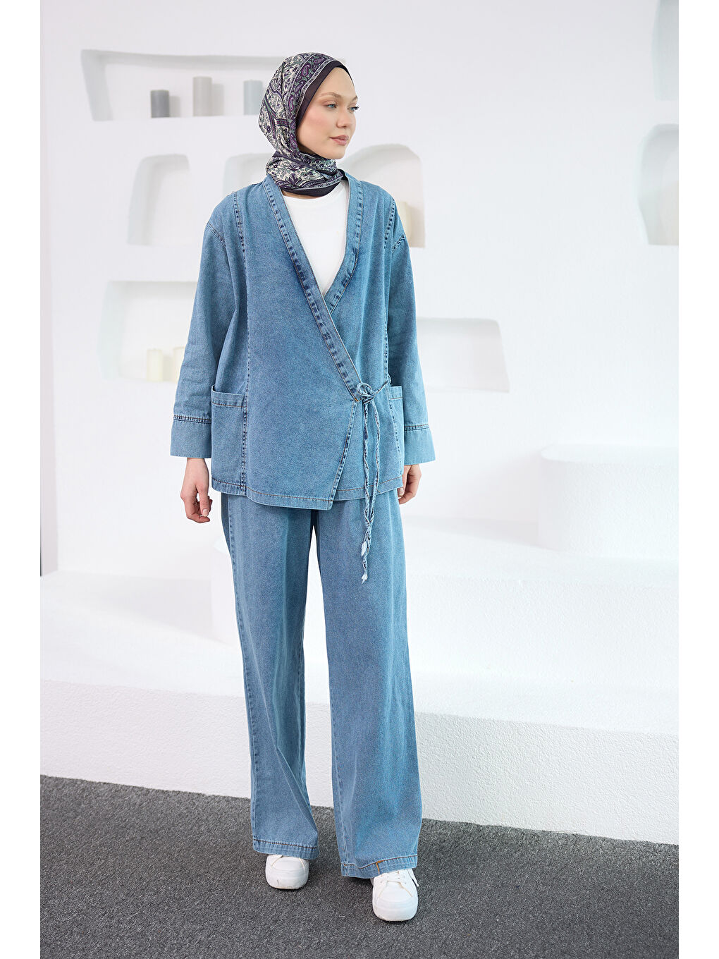 Kadın V Yaka Kimono Takım Buz Mavi-1