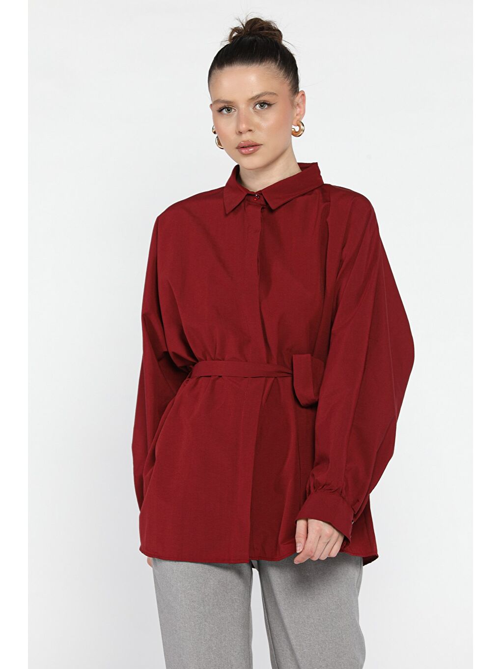 Bordo Kadın Bel Kuşak Detaylı Salaş Gömlek-1