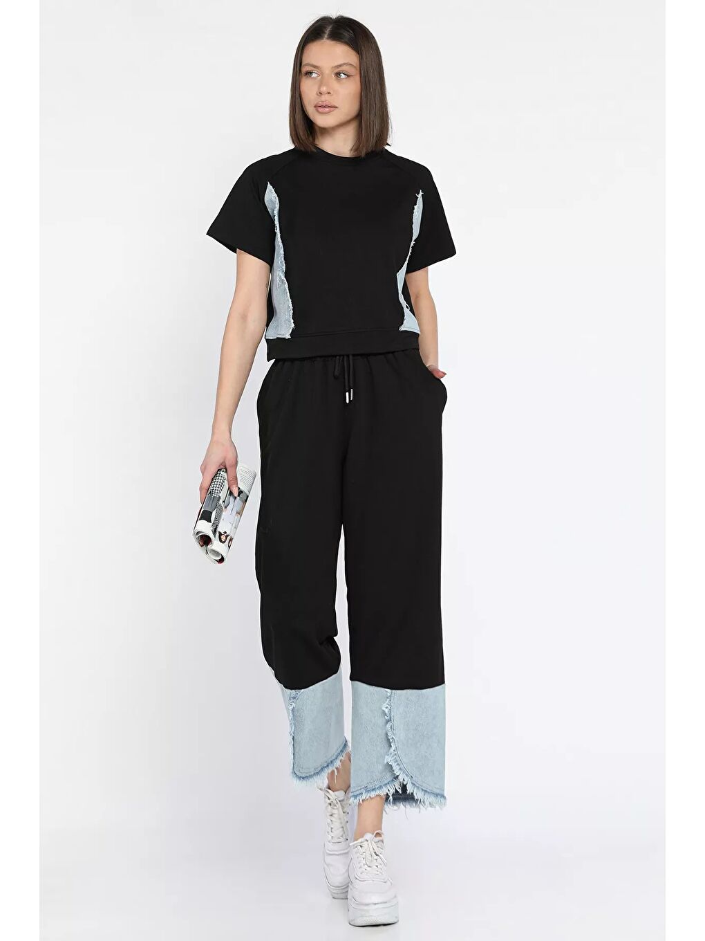 Siyah Kadın Jean Garnili Püsküllü Tişört Pantolon İkili Takım-1