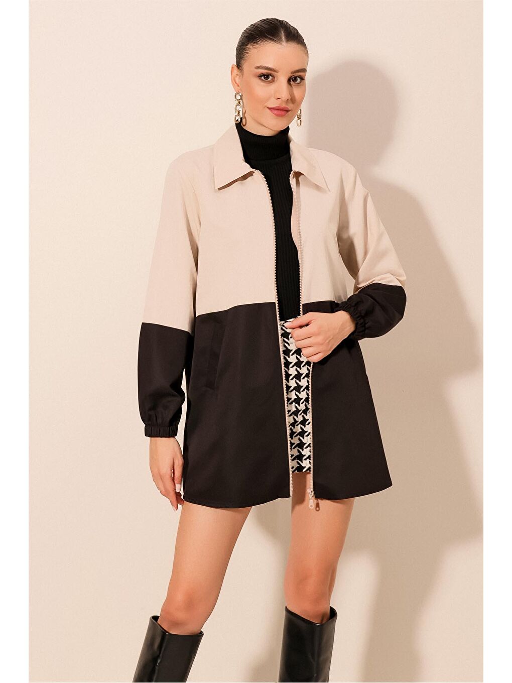 5909 Çift Renkli Mevsimlik Ceket- Siyah