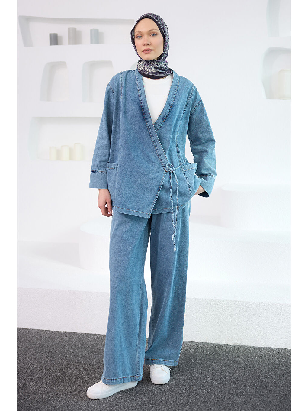 Kadın V Yaka Kimono Takım Buz Mavi-2