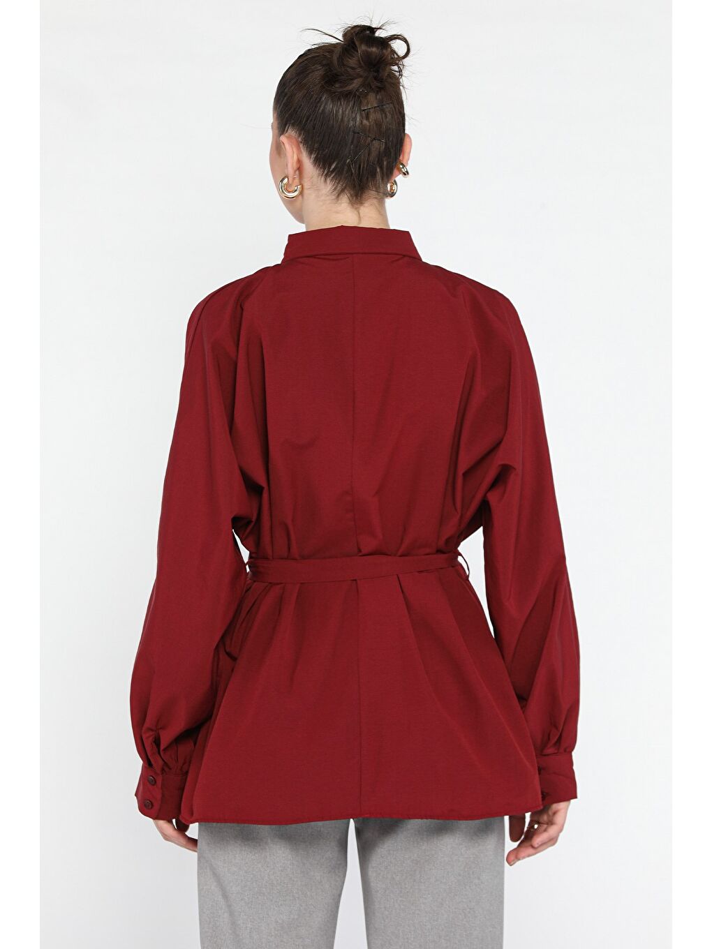 Bordo Kadın Bel Kuşak Detaylı Salaş Gömlek-2