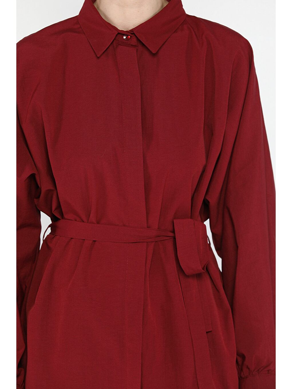 Bordo Kadın Bel Kuşak Detaylı Salaş Gömlek-3