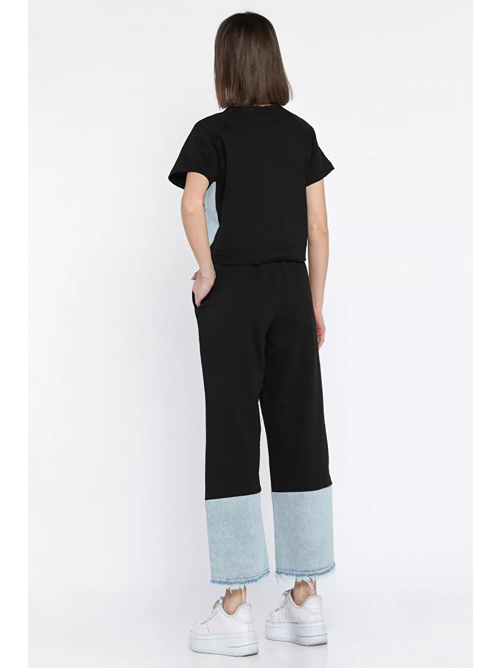 Siyah Kadın Jean Garnili Püsküllü Tişört Pantolon İkili Takım-2