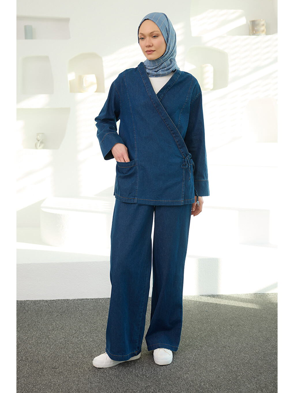 Kadın V Yaka Kimono Takım Koyu Mavi-1