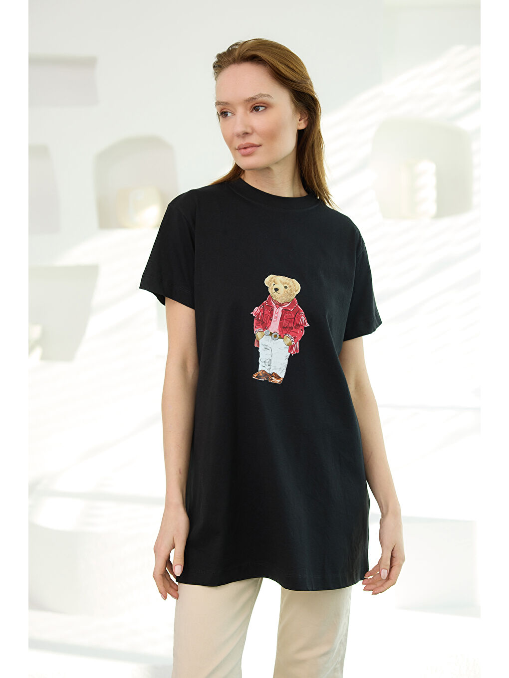 Kadın Ayıcık Baskılı Basic Kısa Kollu İçlik Siyah