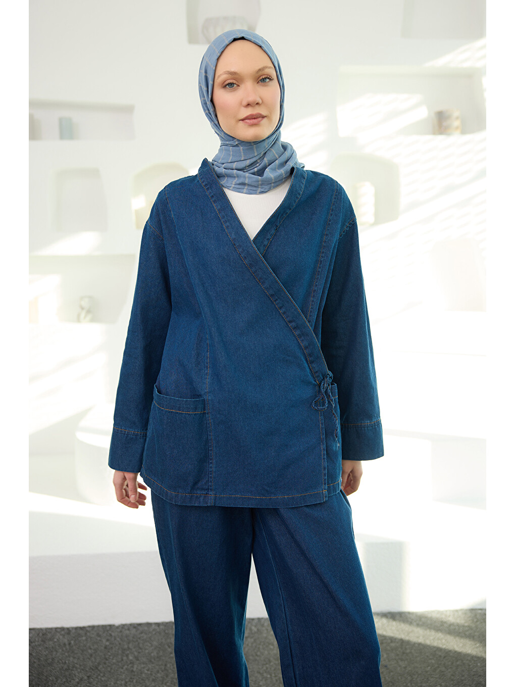Kadın V Yaka Kimono Takım Koyu Mavi-2