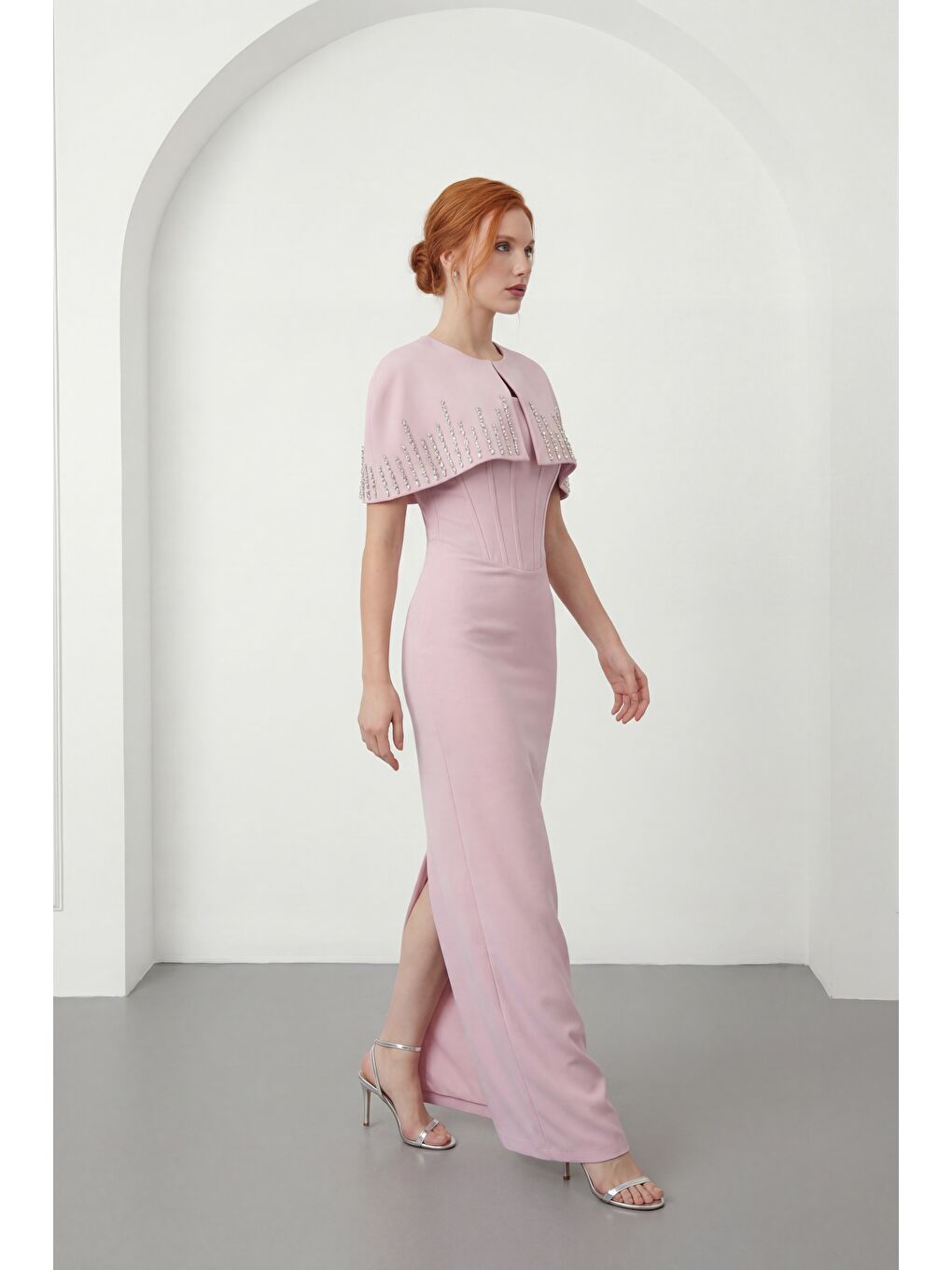 Pembe Kadın Pudra Dar Kalıp Ceketli Taşlı Uzun Söz Nişan Nikah Abiye Elbise-1