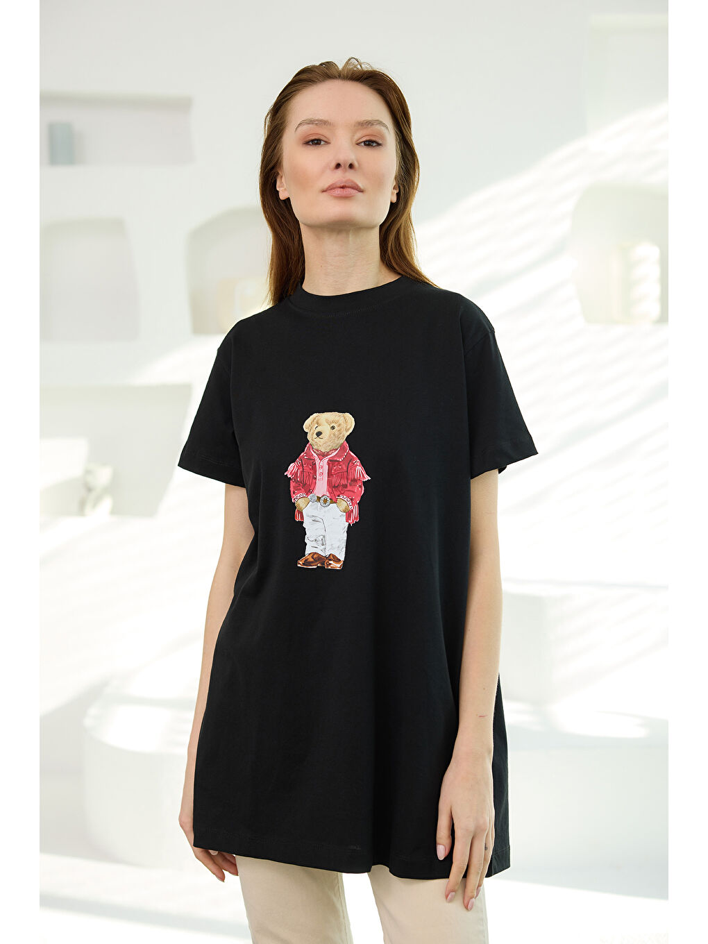 Kadın Ayıcık Baskılı Basic Kısa Kollu İçlik Siyah-3