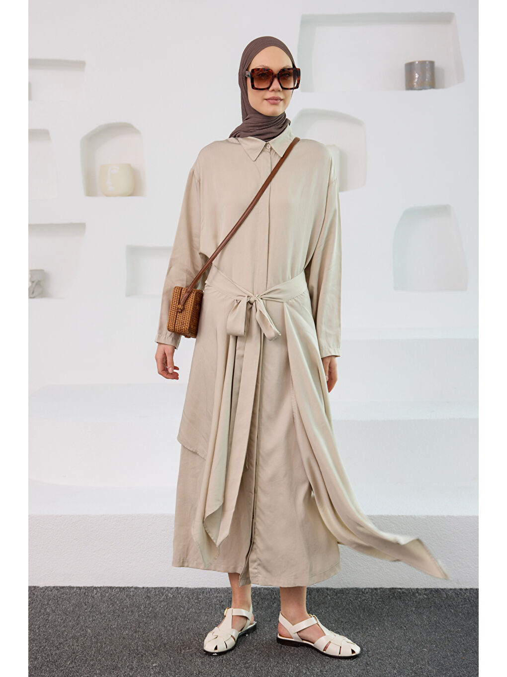 Ekru Kadın Eteği Bağlamalı Elbise Krem-1