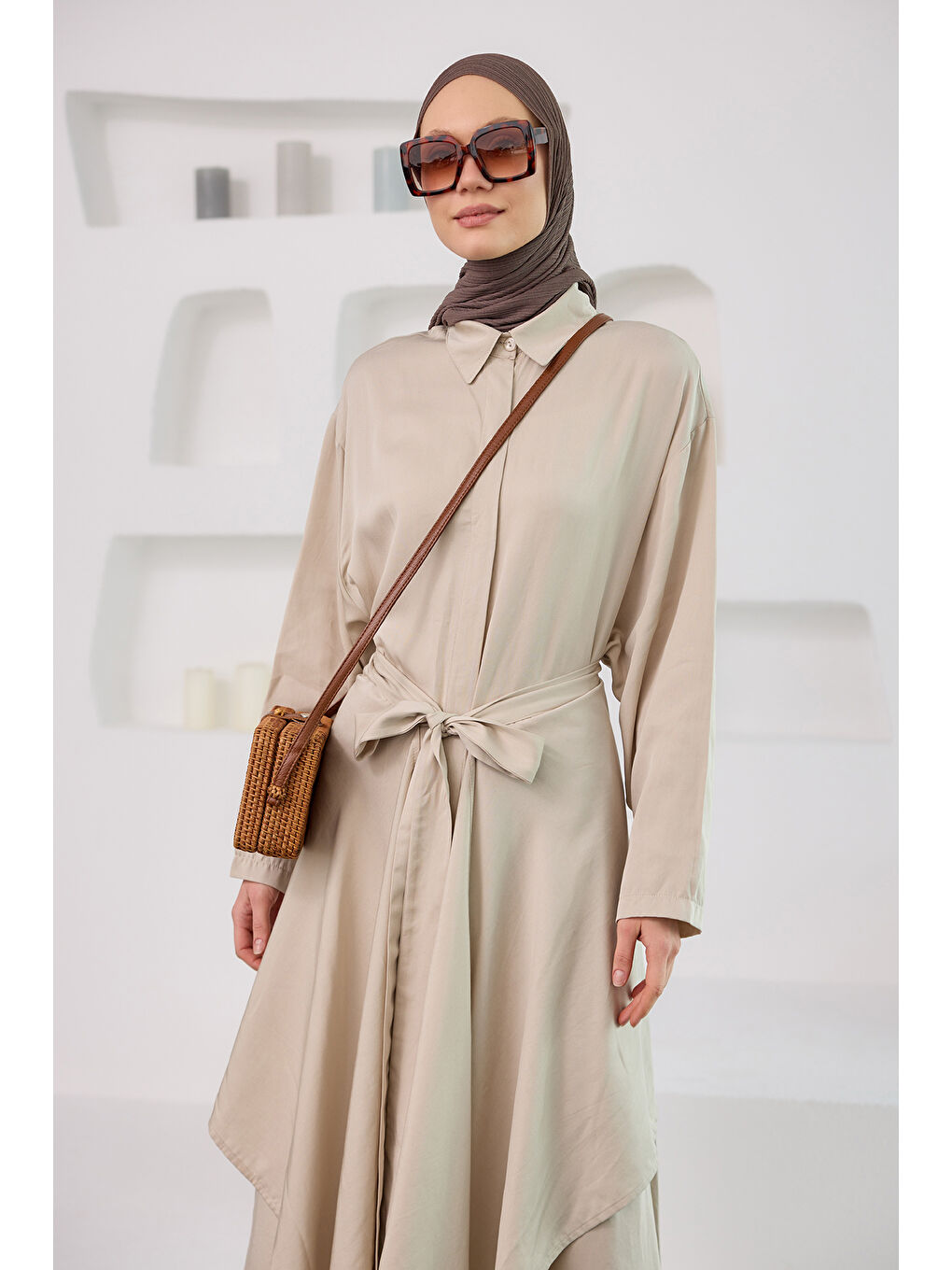 Ekru Kadın Eteği Bağlamalı Elbise Krem-2