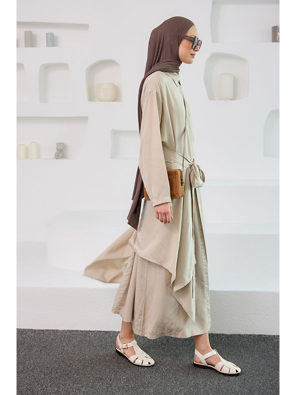 Ekru Kadın Eteği Bağlamalı Elbise Krem-3