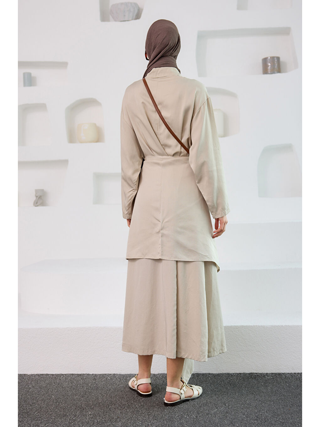 Ekru Kadın Eteği Bağlamalı Elbise Krem-4