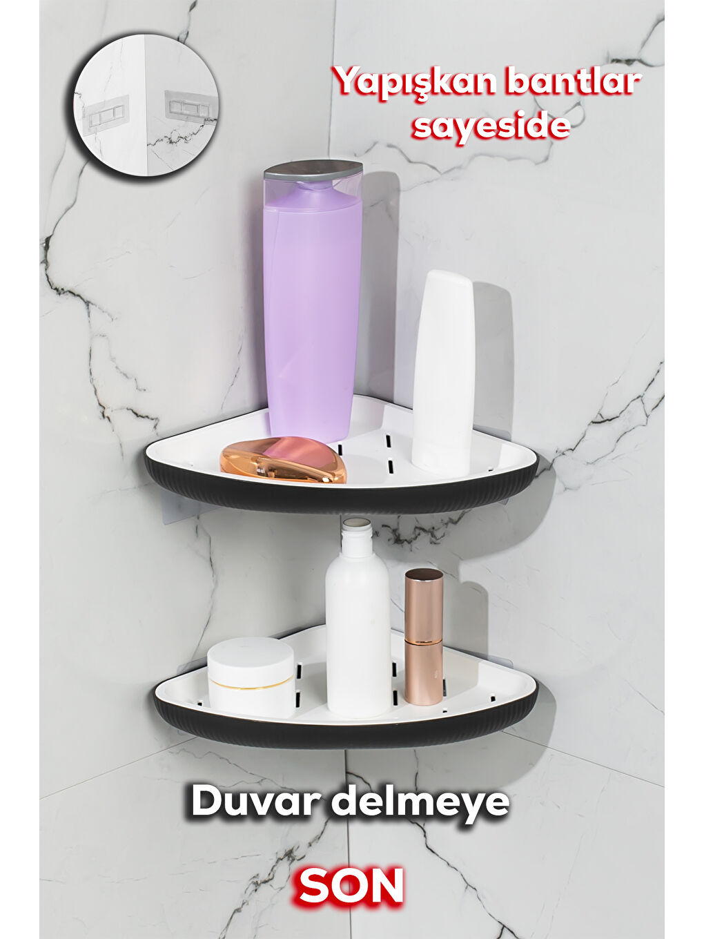 Porsima Koyu Siyah 2li Yapışkanlı Banyo Düzenleyici Duş Rafı - Şampuanlık Sabunluk Banyo Köşeliği - Duşakabin Köşe Rafı - 1