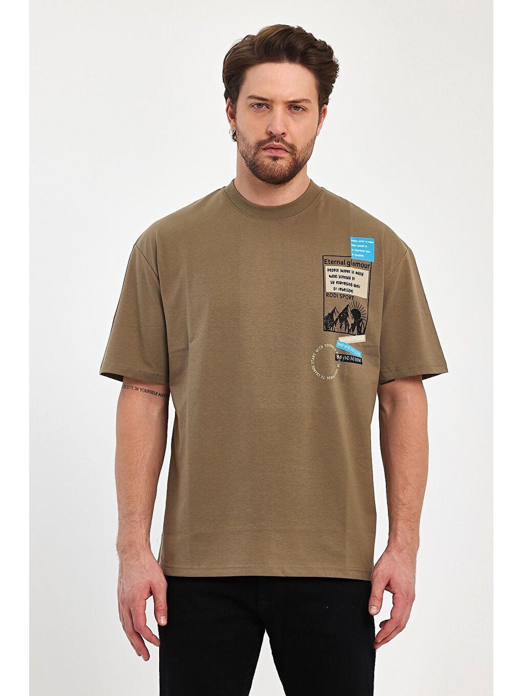 Bej Bisiklet Yaka Baskılı Erkek Tişört 7023