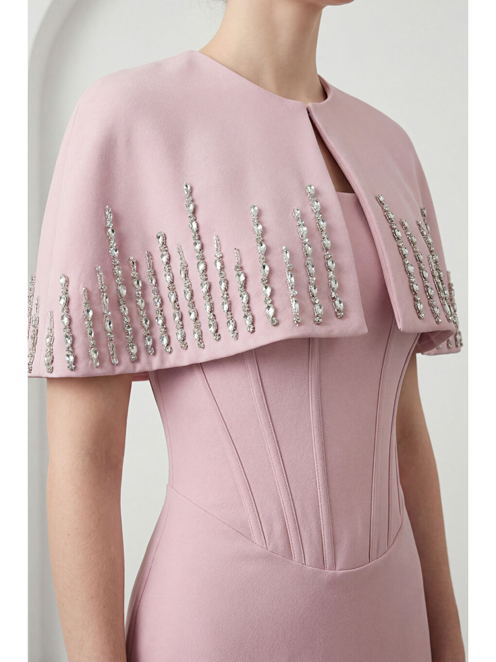 Pembe Kadın Pudra Dar Kalıp Ceketli Taşlı Uzun Söz Nişan Nikah Abiye Elbise-2