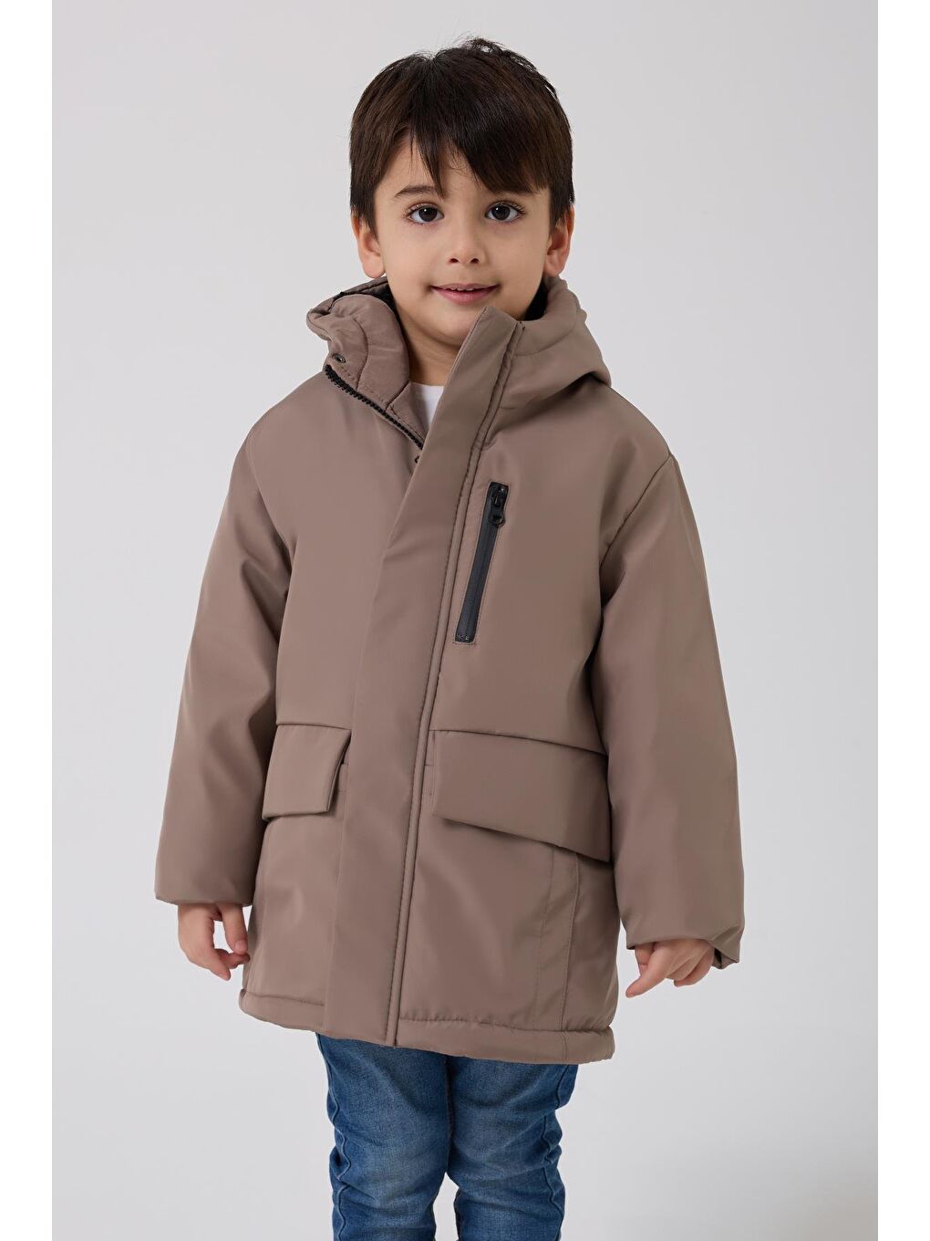 Bej Erkek Çocuk Kürklü Su Ve Rüzgar Geçirmez Kapüşonlu 3 Kışlık Mont & Kaban & Parka