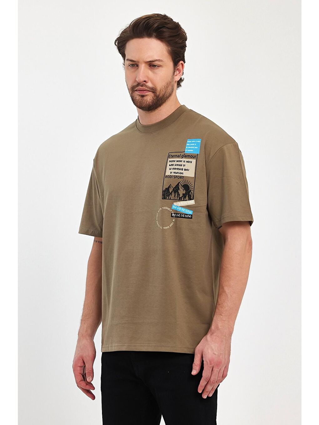 Bej Bisiklet Yaka Baskılı Erkek Tişört 7023-1