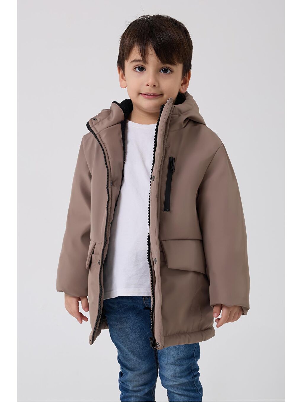 Bej Erkek Çocuk Kürklü Su Ve Rüzgar Geçirmez Kapüşonlu 3 Kışlık Mont & Kaban & Parka-1