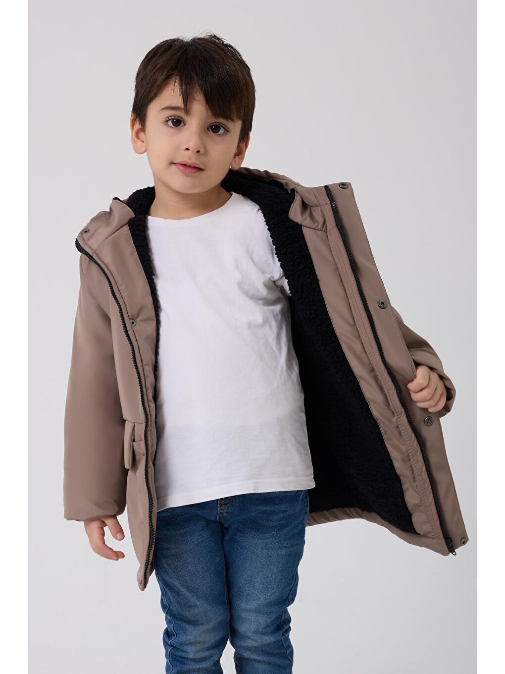 Bej Erkek Çocuk Kürklü Su Ve Rüzgar Geçirmez Kapüşonlu 3 Kışlık Mont & Kaban & Parka-2