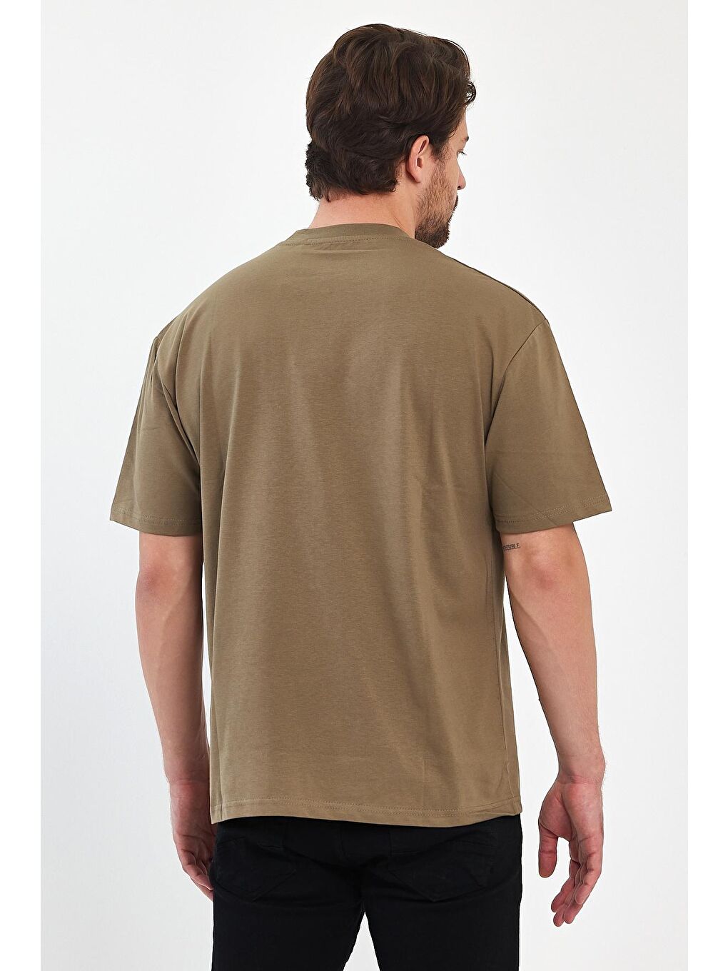 Bej Bisiklet Yaka Baskılı Erkek Tişört 7023-2