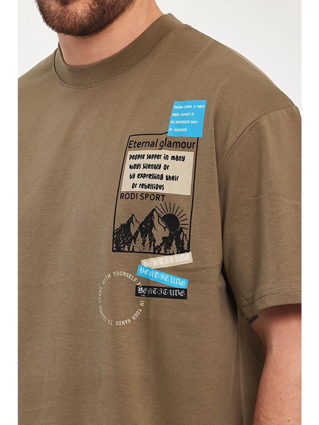 Bej Bisiklet Yaka Baskılı Erkek Tişört 7023-3