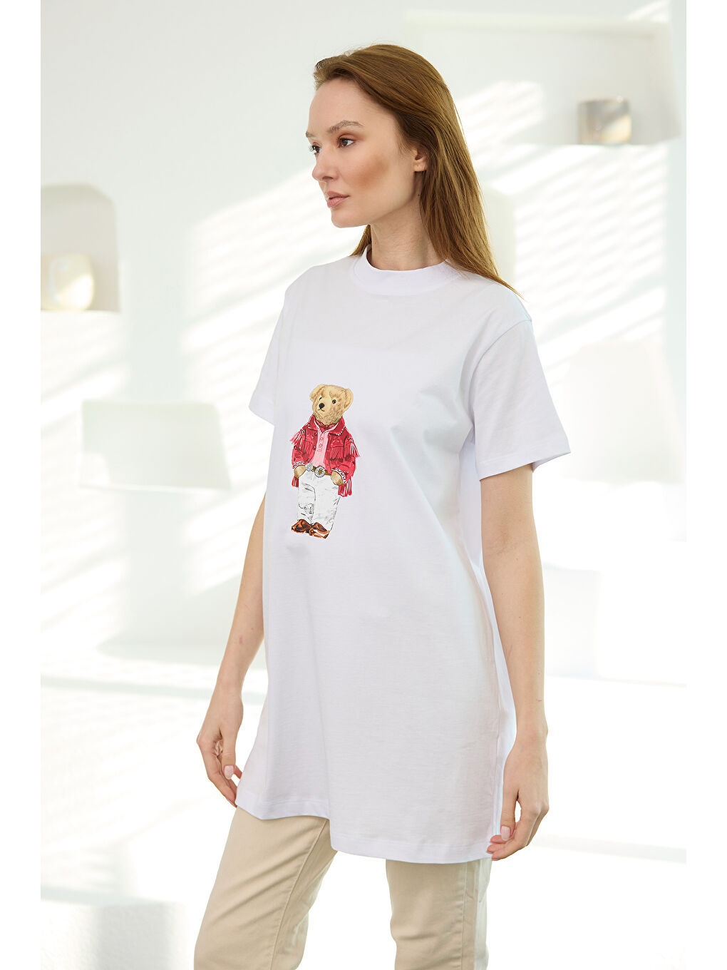 Kadın Ayıcık Baskılı Basic Kısa Kollu İçlik Beyaz-1