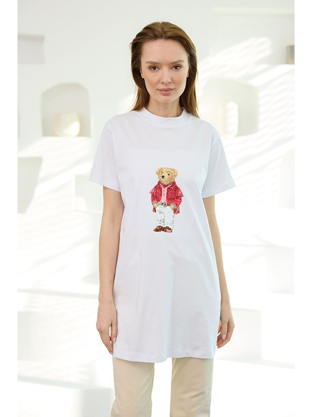 Kadın Ayıcık Baskılı Basic Kısa Kollu İçlik Beyaz-2