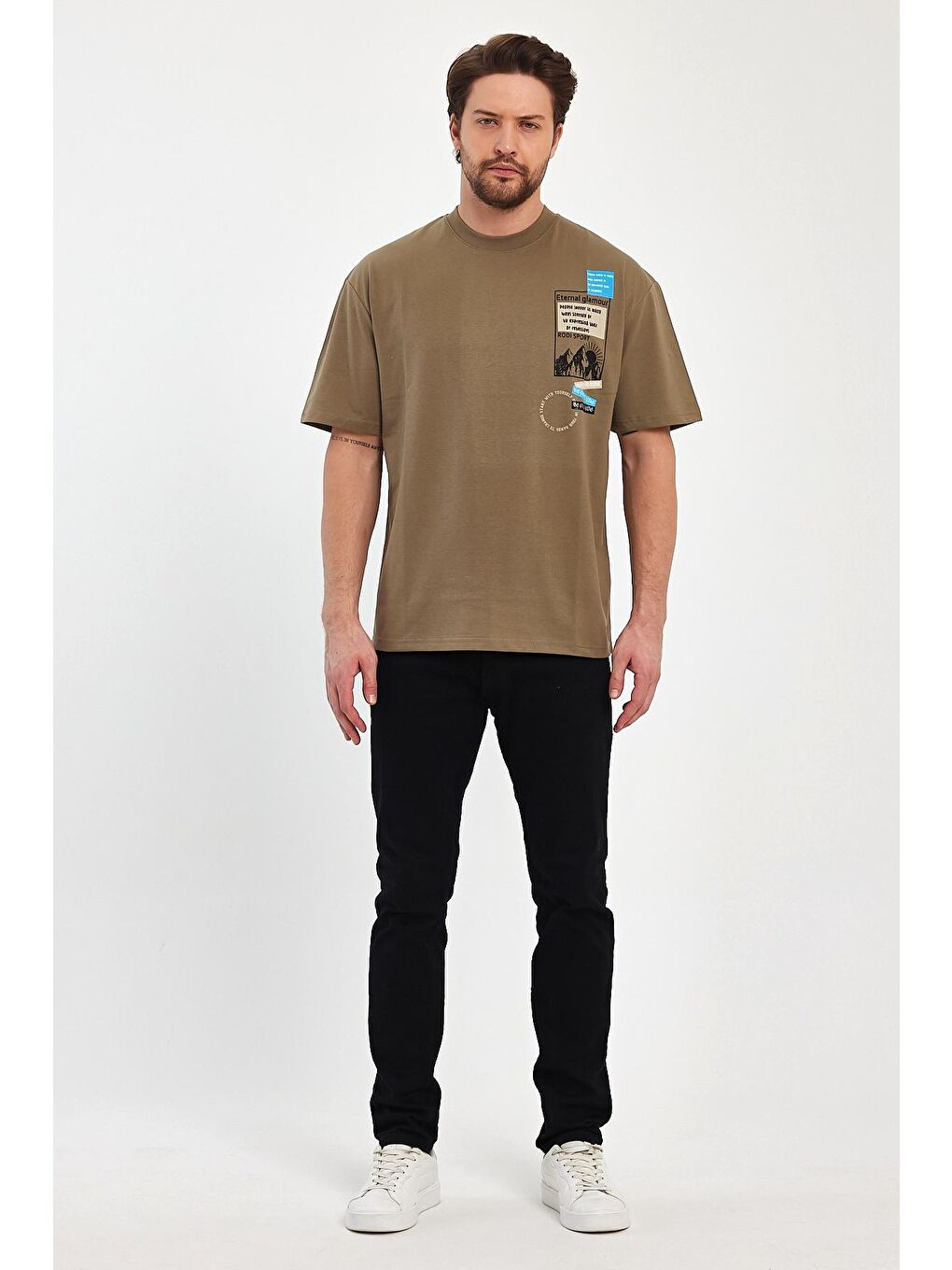 Bej Bisiklet Yaka Baskılı Erkek Tişört 7023-4