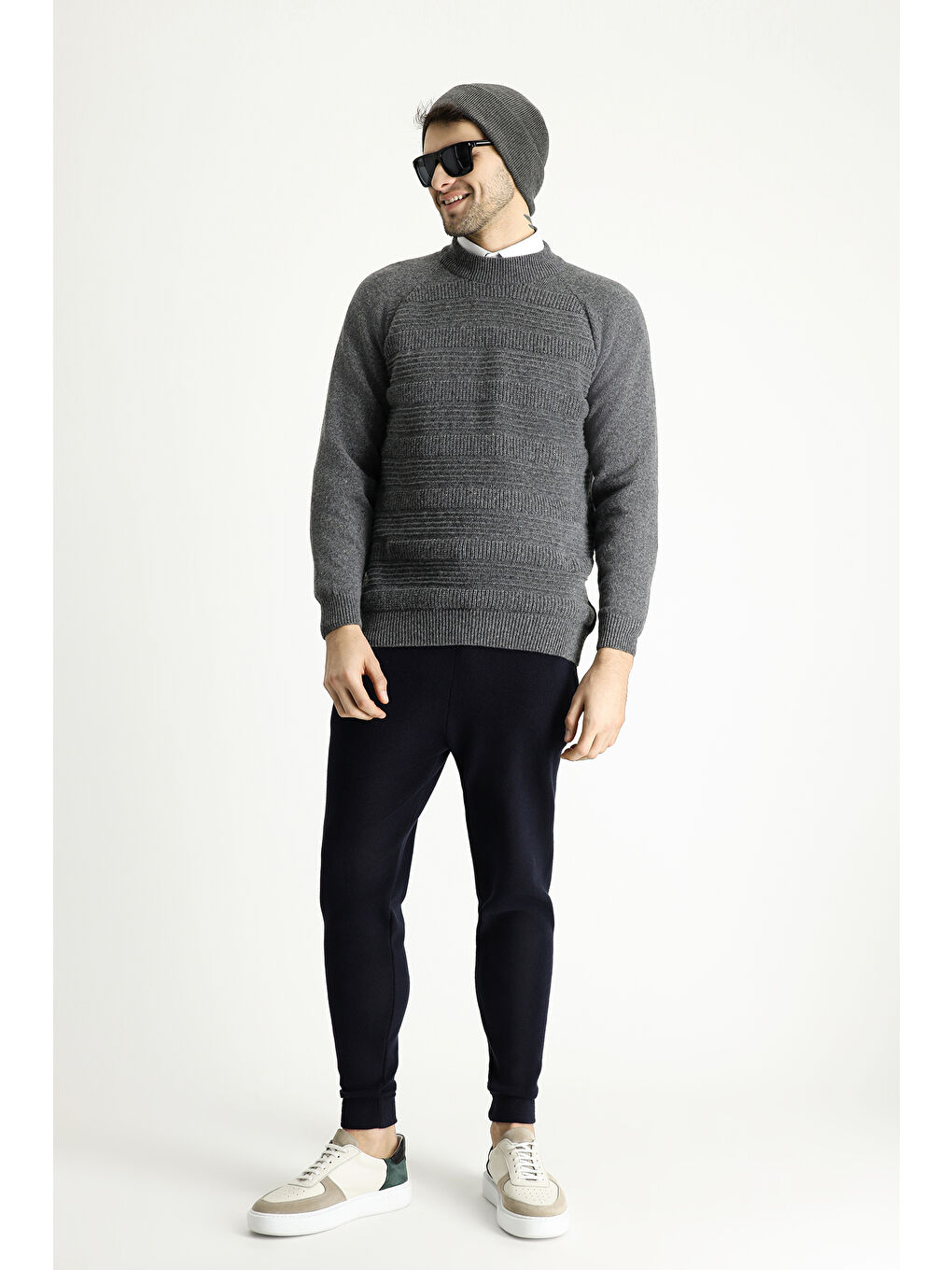 Gri Bato Yaka Slim Fit Dar Kesim Desenli Yünlü Triko Kazak-1