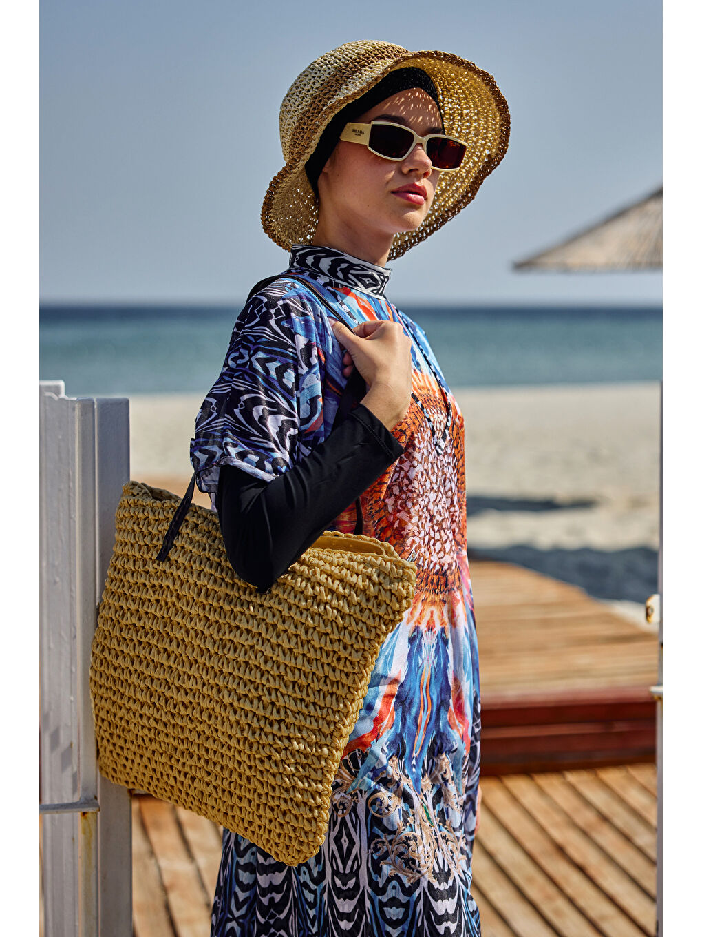 Kahverengi Remsa Hasır Plaj Çantası 011 Camel-2