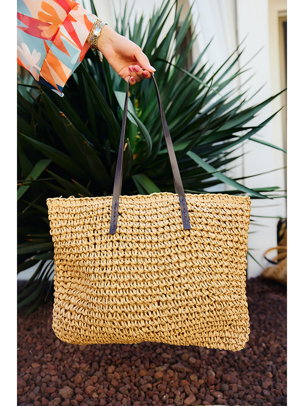 Kahverengi Remsa Hasır Plaj Çantası 011 Camel-3