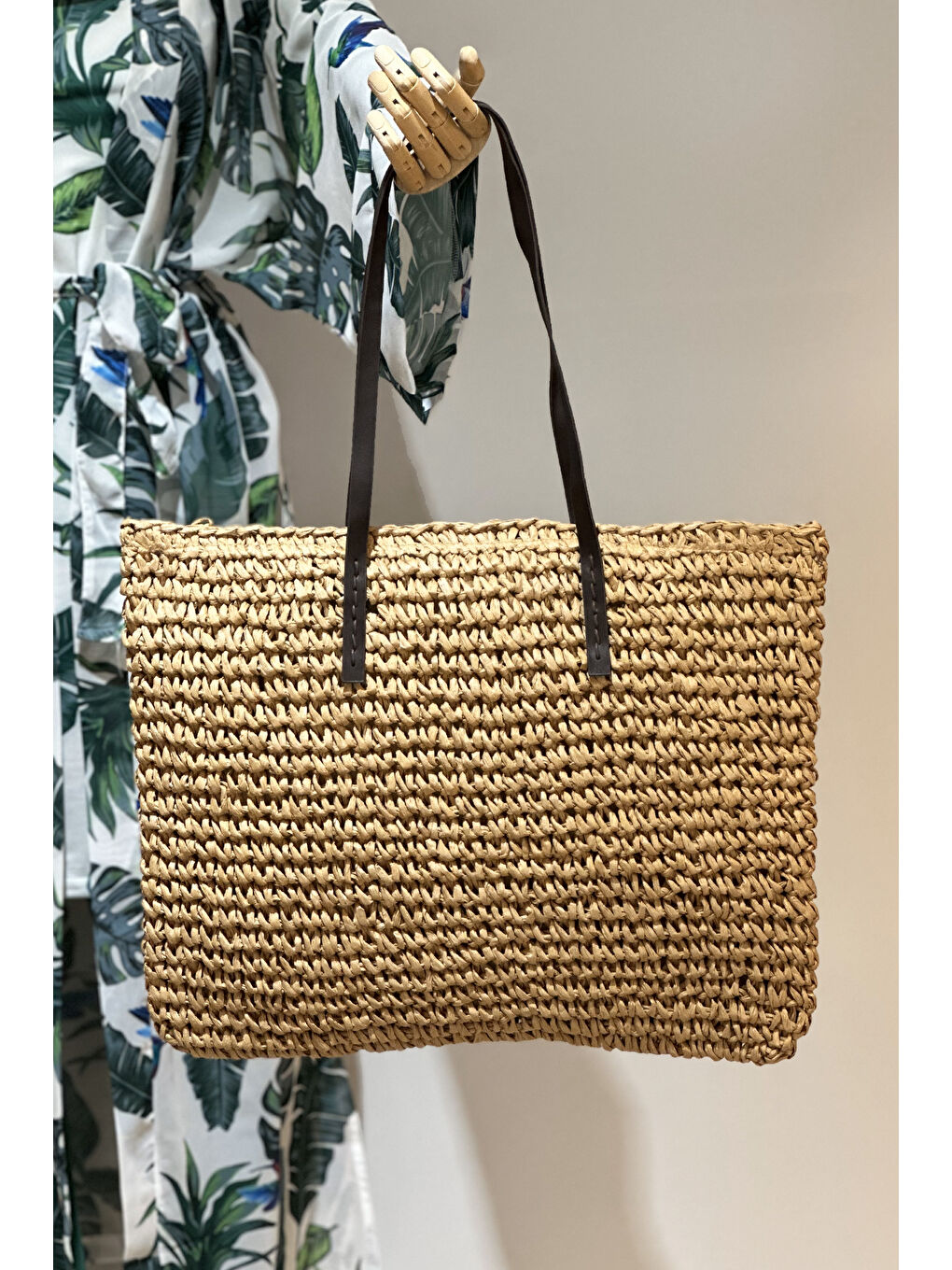 Kahverengi Remsa Hasır Plaj Çantası 011 Camel-4