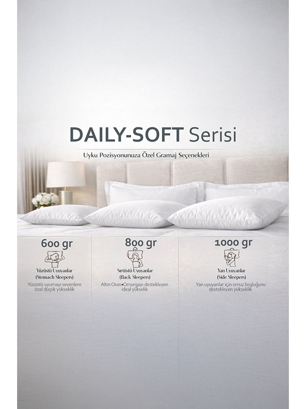 Beyaz DAILY-SOFT Serisi Sırtüstü Uyuyanlara Özel 1.sınıf Elyaf Dolgu 800 Gram Yastık 50x70 cm-2