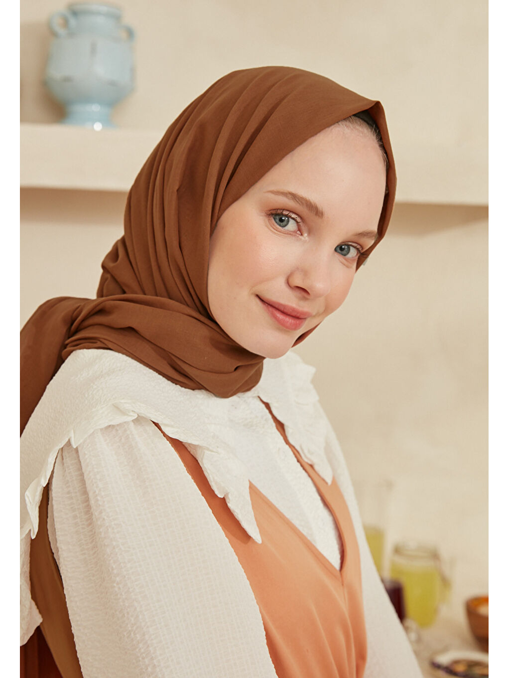 Kahverengi İnce Pamuk Vual Şal Brownie-4