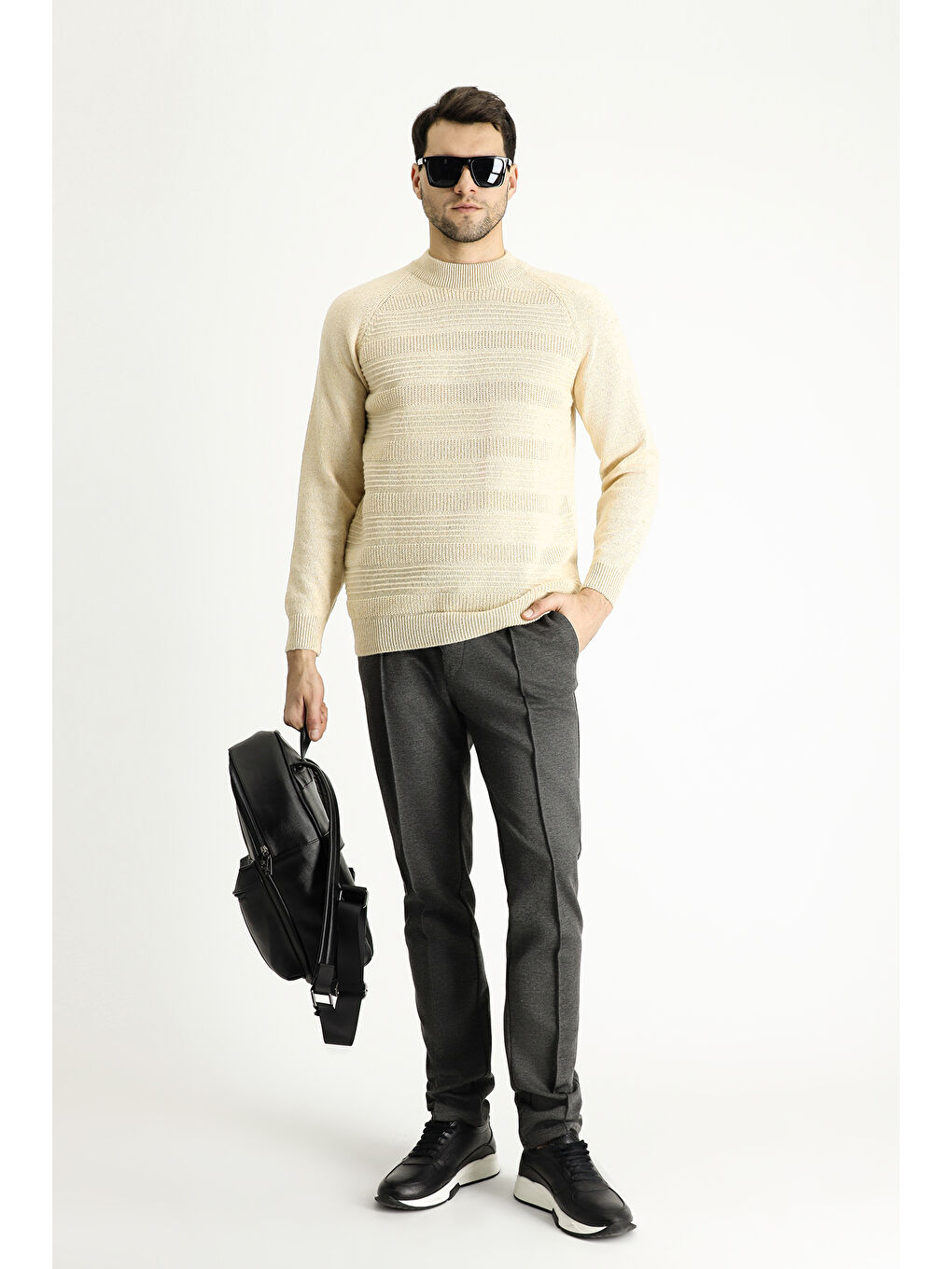 Bej Bato Yaka Slim Fit Dar Kesim Desenli Yünlü Triko Büyük Beden Kazak-1