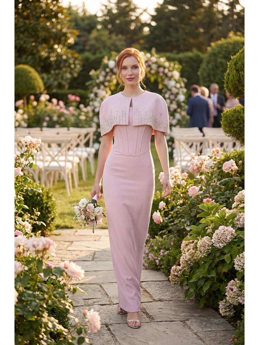 Pembe Kadın Pudra Dar Kalıp Ceketli Taşlı Uzun Söz Nişan Nikah Abiye Elbise-4