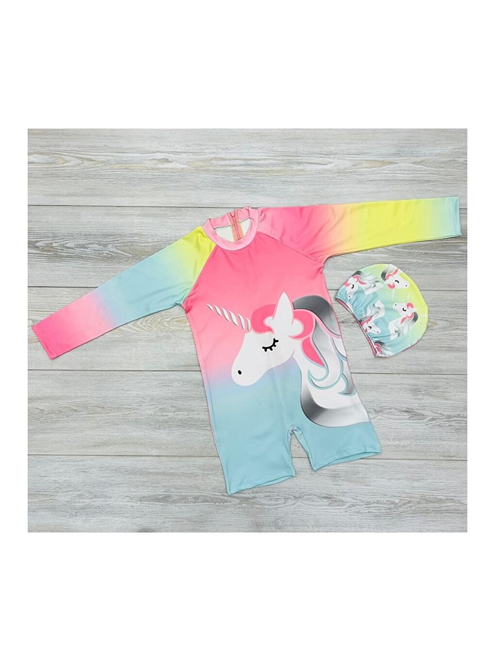 Karışık Kız Çocuk Tam Vücut Sırt Fermuarlı Mayo Süper Desen Baskılı Boneli Takım-1